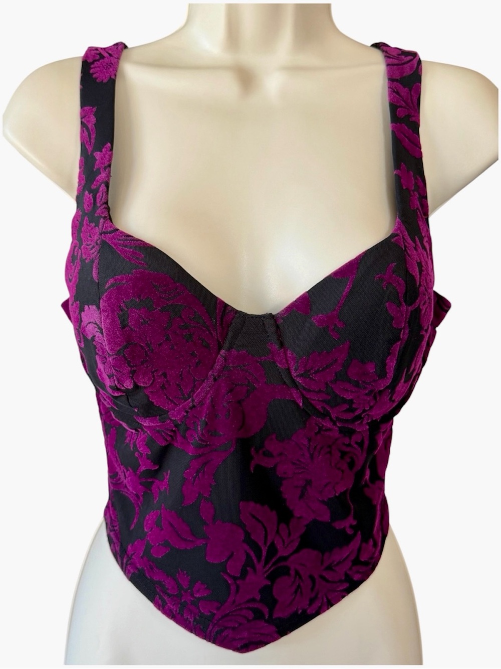 NWT Windsor World of Romance Floral Bustier Med Black Purple Velvet Sheer